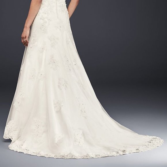 David's Bridal Cap Sleeve Lace Over Satin Wedding Dress Ivory T3299 NWOT - Picture 5 of 13